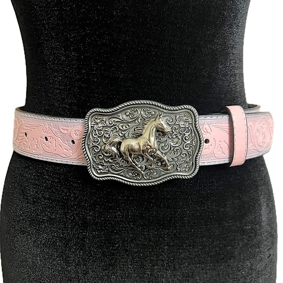 Country Girl western belt pink embossed faux leather retro horse buckle - Picture 2 of 11
